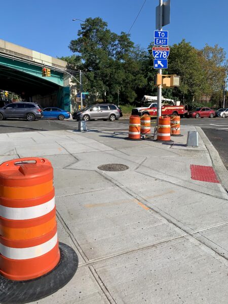 The expanded pedestrian island at the busy intersection of Columbia Street and Atlantic Avenue. Photo: Mary Frost, Brooklyn Eagle