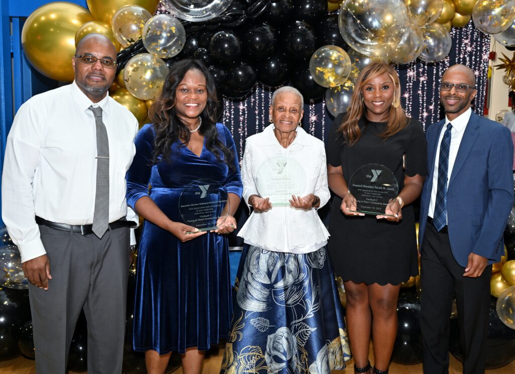 Kendall Charter, Executive Director, Flatbush & Greenpoint YMCAs; with honorees Assemblymember and Kings County Democratic Party Chair Rodneyse Bichotte Hermelyn, Yvonne Bruno, and City Councilmember Farah N. Louis; and Leon Davis, Senior Program Director, Flatbush Y. Photo credit: YMCA of Greater New York