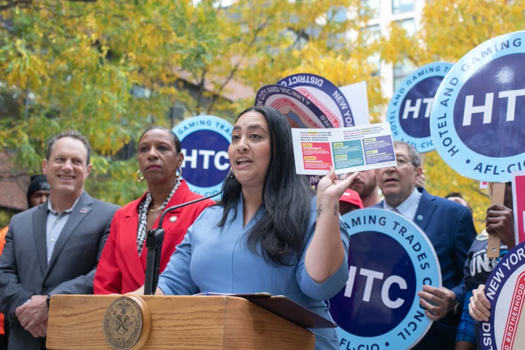 Council Majority Leader Amanda Farías speaks at a Lower East Side rally with other elected and union leaders against several ballot proposals they say would give the mayor’s office more power in approving new housing development, Oct. 7, 2025. Photo: Ben Fractenberg/THE CITY