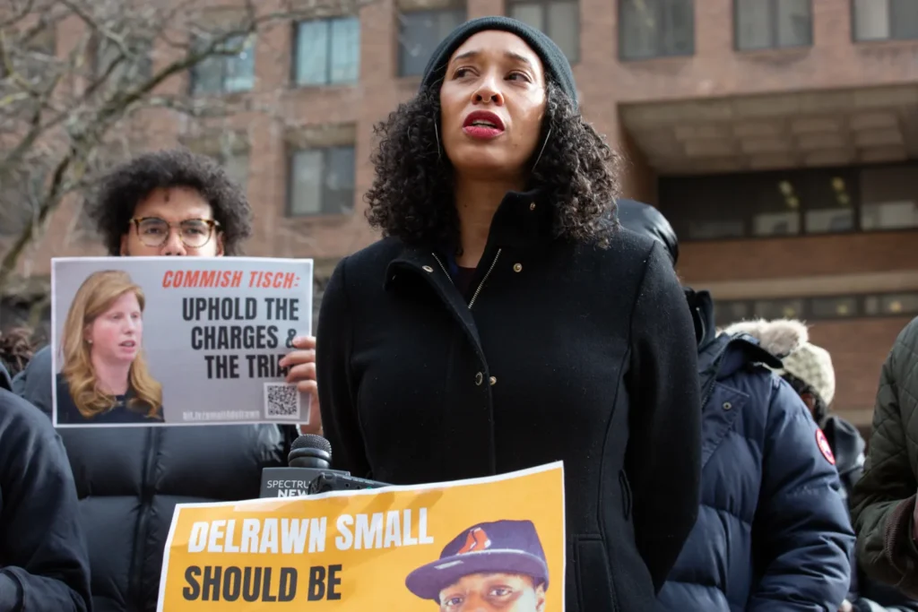 Councilmember Sandy Nurse, D-Brooklyn, speaks outside NYPD headquarters in Lower Manhattan against dropping a disciplinary case after officer Wayne Isaacs fatally shot Delrawn Small while he was off duty, Nov. 13, 2025. Photo: Ben Fractenberg/THE CITY