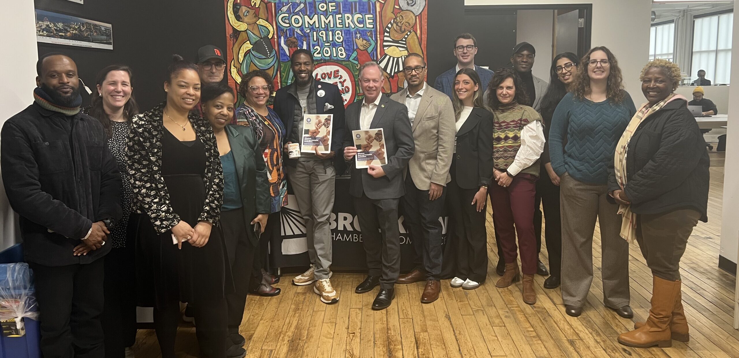 From left: Ray Sheares, Elizabeth Kennedy, Lishawn Alexander, Mark Caserta, Jennifer Stokes, Gaia DiLoreto, Jumaane Williams, Randy Peers, Juan Perez, James Silk, Alexis Detoma, Osagie Afe, Dina Rabiner, Hafida Rasool, Veronica Aveis and Teri Coaxum. Brooklyn Eagle photo by Wayne Daren Schneiderman