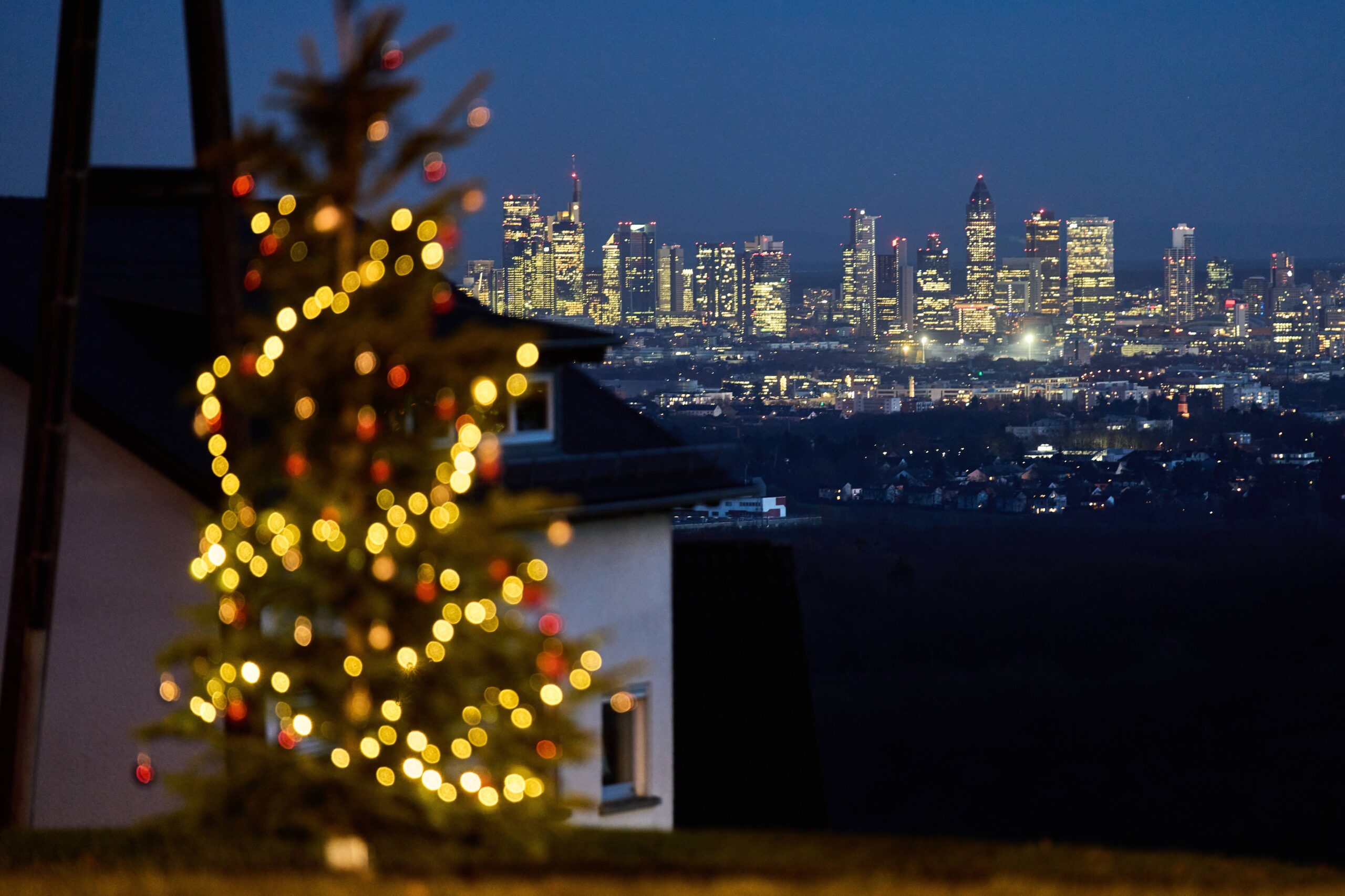 A Christmas tree is seen high above the buildings of the banking district in Mammolshain nea Frankfurt, Germany, Monday, Dec. 1, 2025. Photo: Michael Probst/AP