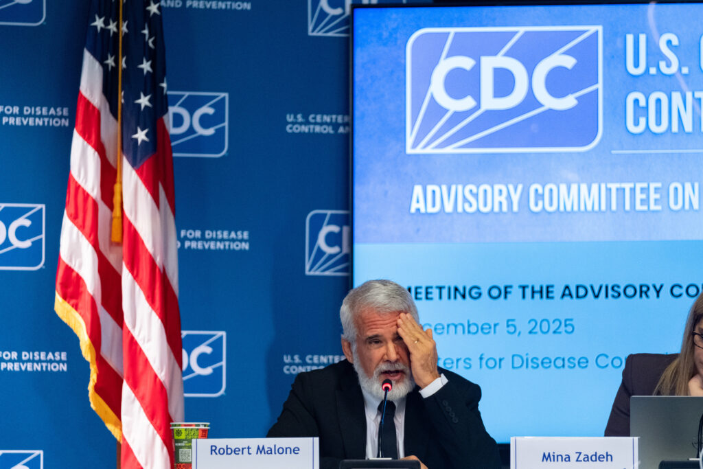 Dr. Robert Malone chairs a meeting of the CDC Advisory Committee on Immunization Practices in Atlanta on Friday, Dec. 5, 2025 to consider changes in hepatitis B vaccine recommendations for infants. AP Photo/Ben Gray