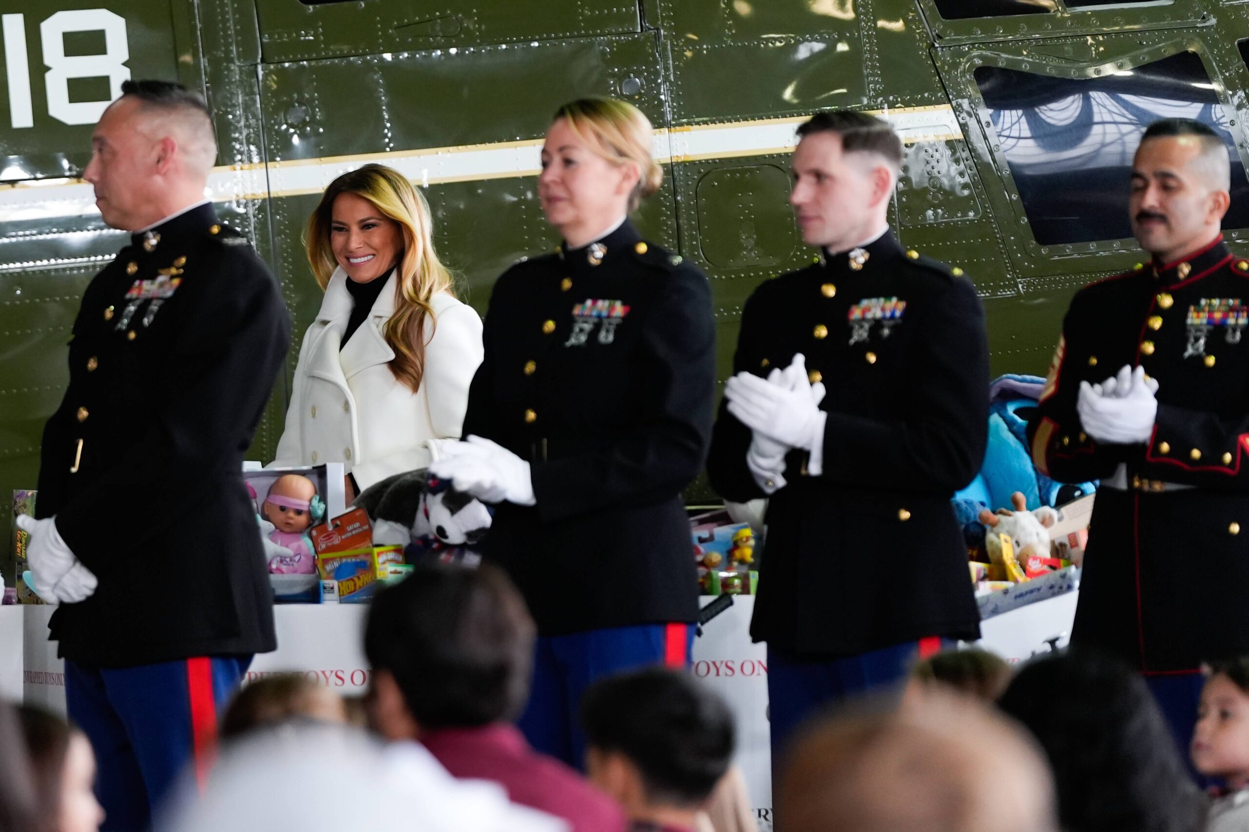 First lady Melania Trump arrives to speak at a Toys for Tots charity drive event at Marine Corps Base Quantico, Monday, Dec. 8, 2025, in Quantico, Va. Photo: Julia Demaree Nikhinson/AP