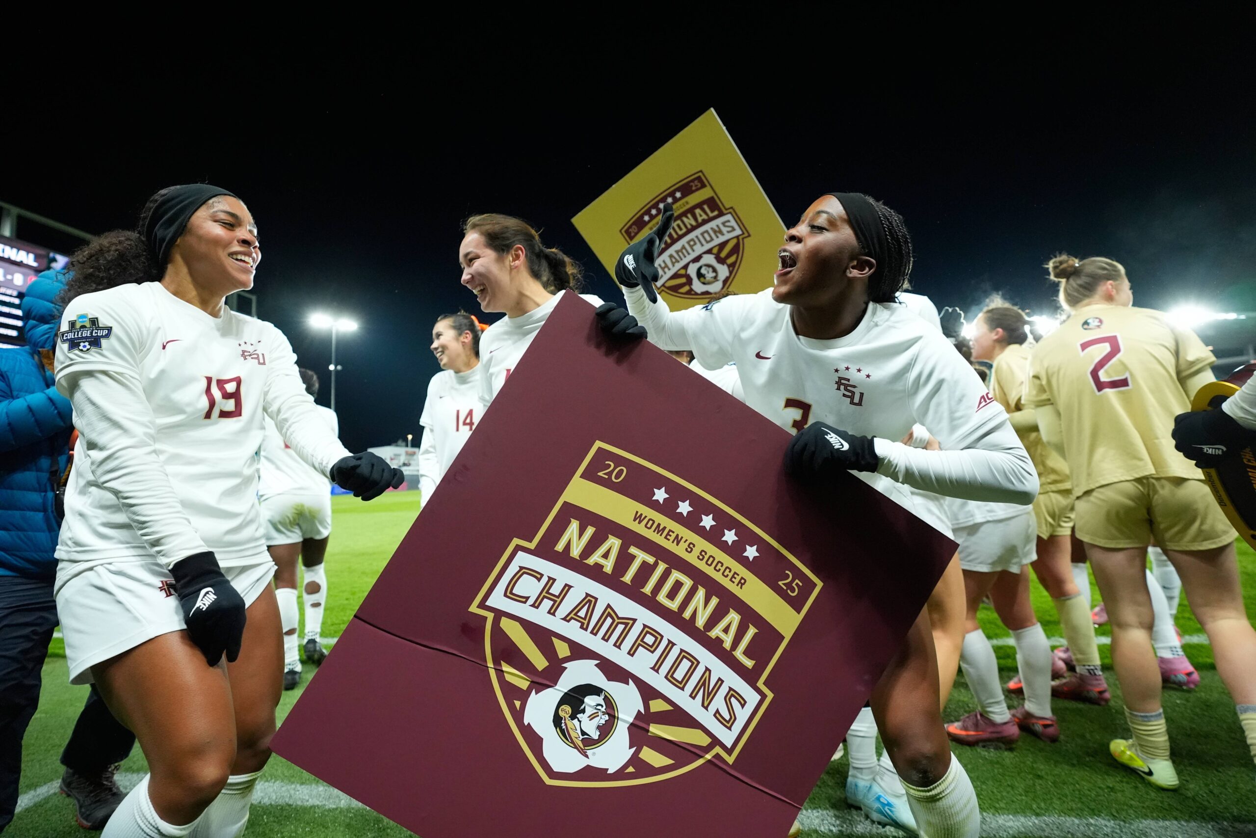 Florida State's Jaida McGrew (3) and Kameron Simmonds (19) celebrate after defeating Stanford in the NCAA college soccer tournament final Monday, Dec. 8, 2025, in Kansas City, Mo. Photo: Charlie Riedel/AP