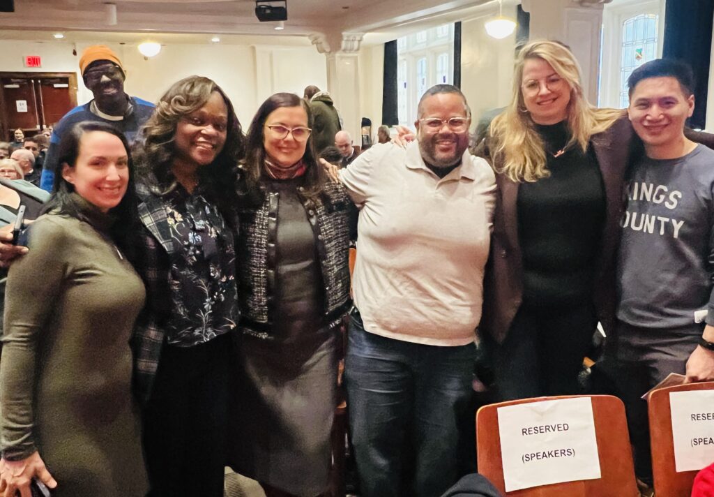From left: Hon. Marisa Arrabito; Brooklyn Democratic Party Chair and Assemblymember Rodneyse Bichotte Hermelyn, D-42; District Leader Angela Kravtchenko, D-46; District Leader Julio Peña, D-51; District Leader Jacqui Painter, D-51; and District Leader Aaron Ouyang, D-52. Photo: Wayne Daren Schneiderman/Brooklyn Eagle