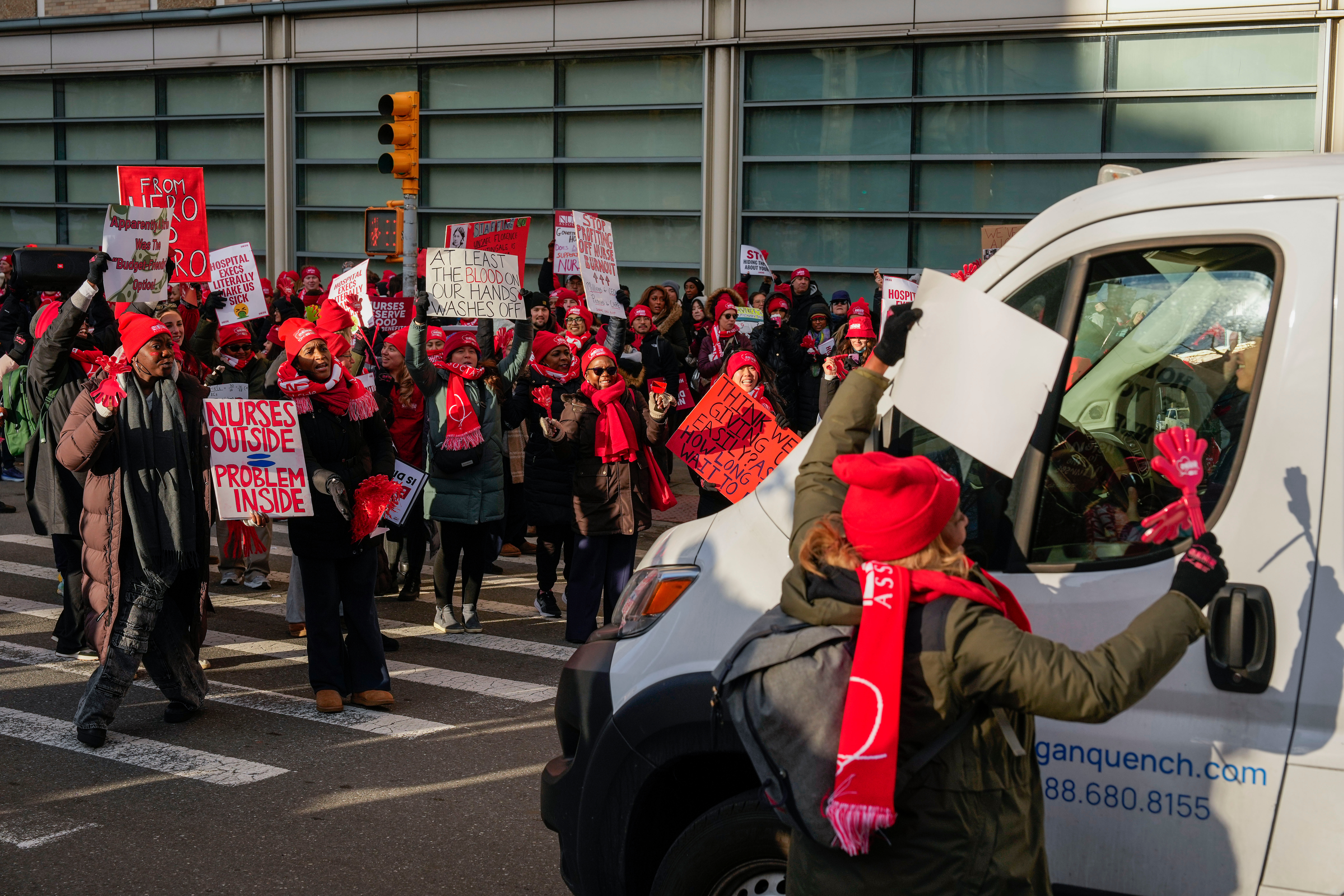 Nurses strike outside New York-Presbyterian Hospital, Monday, Jan. 12, 2026, in New York. AP Photo/Yuki Iwamura