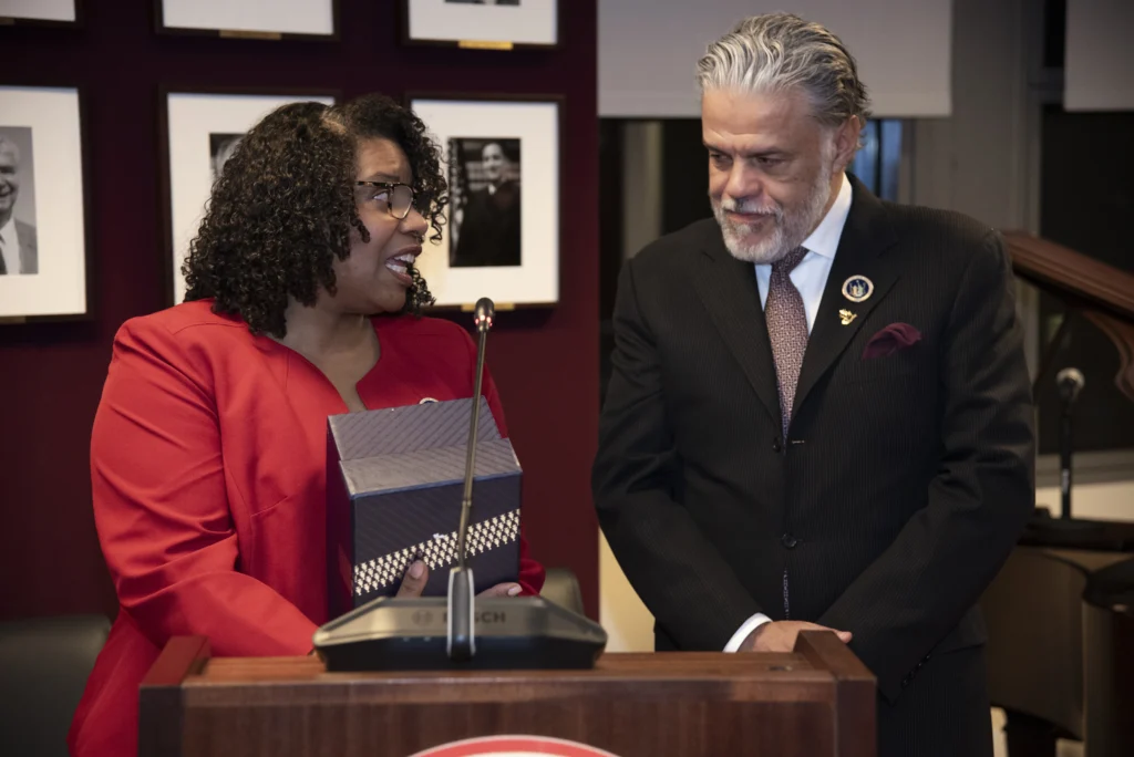 Outgoing President Renier Pierantoni is honored. Brooklyn Eagle photo by John McCarten