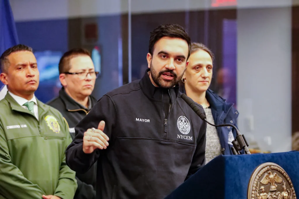 Mayor Zohran Mamdani speaks at the Office of Emergency Management headquarters in Brooklyn ahead of an expected snowstorm, Jan. 23, 2026. Credit: Alex Krales/THE CITY