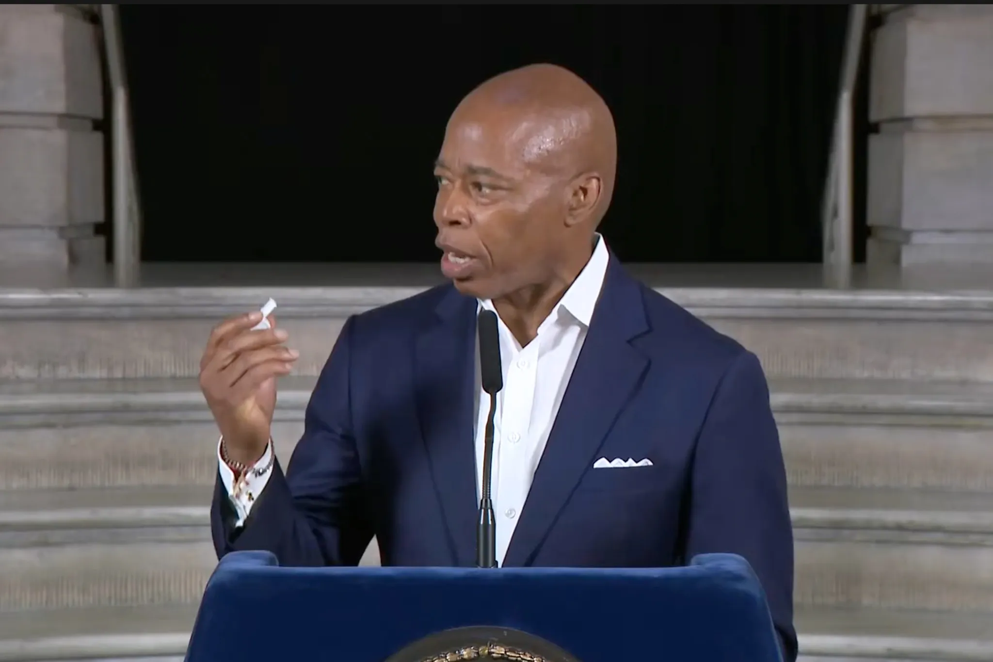 Then-Mayor Eric Adams holds a whistle during a City Hall press conference, Aug. 22, 2025. Photo: Screengrab via NYC Mayor's Office/YouTube