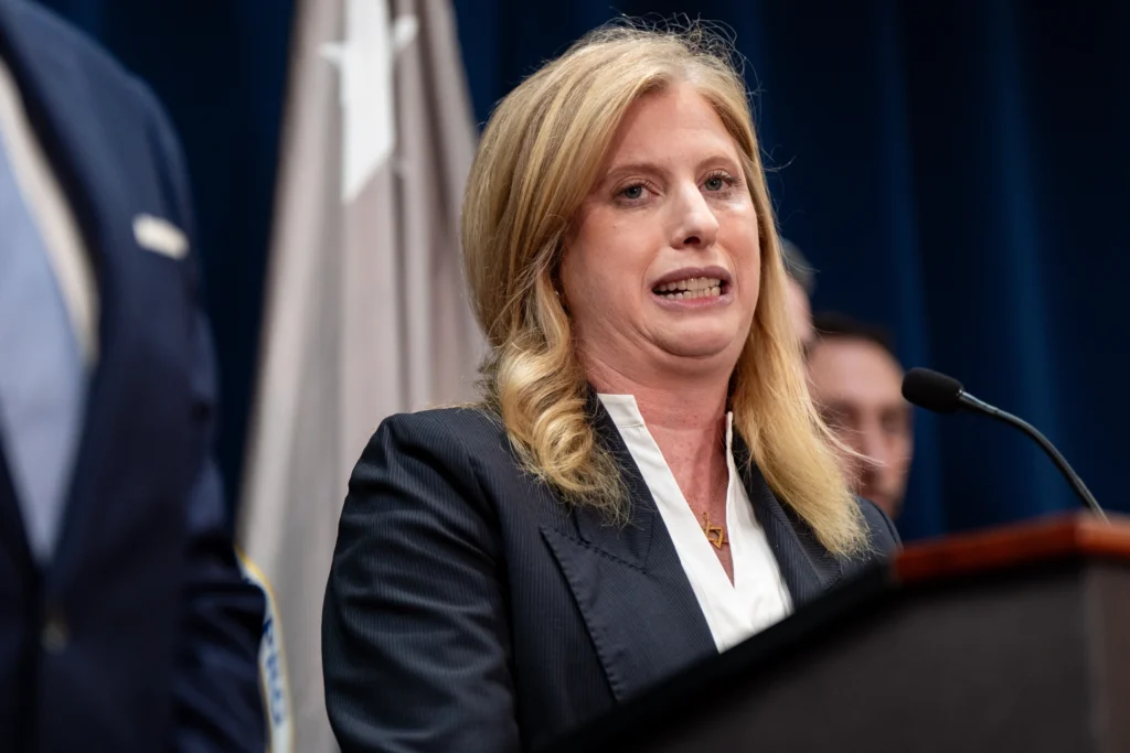 New York City Police Commissioner Jessica Tisch speaks at a news conference at the U.S. Attorney's Office, Thursday, Oct. 23, 2025, in New York. Photo: Angelina Katsanis/AP
