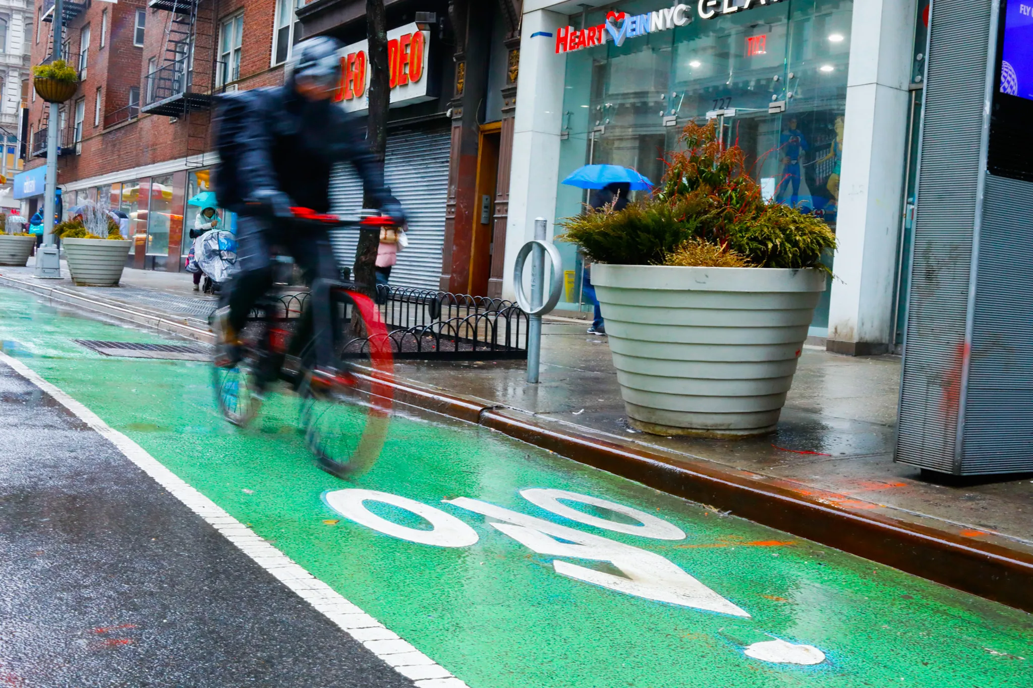 Cyclist ride in a Chelsea, Manhattan bike lane, March 3, 2026. Credit: Alex Krales/THE CITY