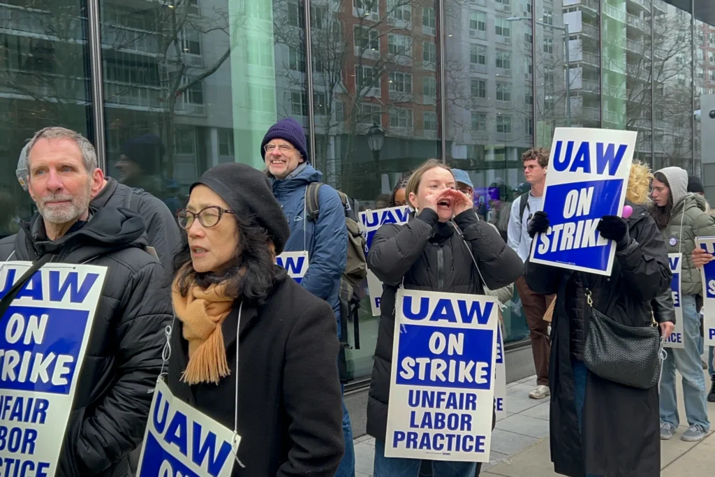 NYU contract faculty members walk a picket line in Lower Manhattan, March 23, 2026. Credit: Claudia Irizarry Aponte/THE CITY