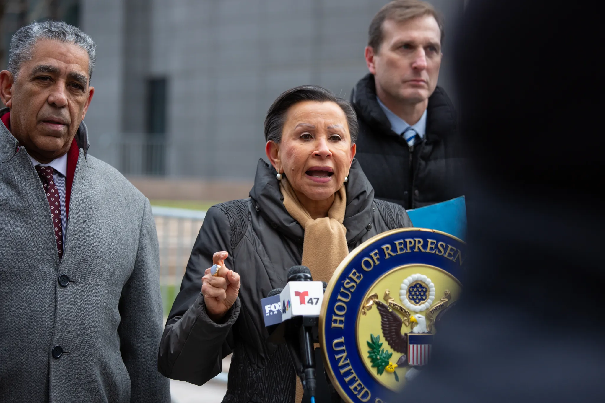 Congressional Rep. Nydia Velazquez (D-Brooklyn) speaks outside 26 Federal Plaza alongside several colleagues after observing immigration court hearings, Dec. 8, 2025. Credit: Ben Fractenberg/THE CITY