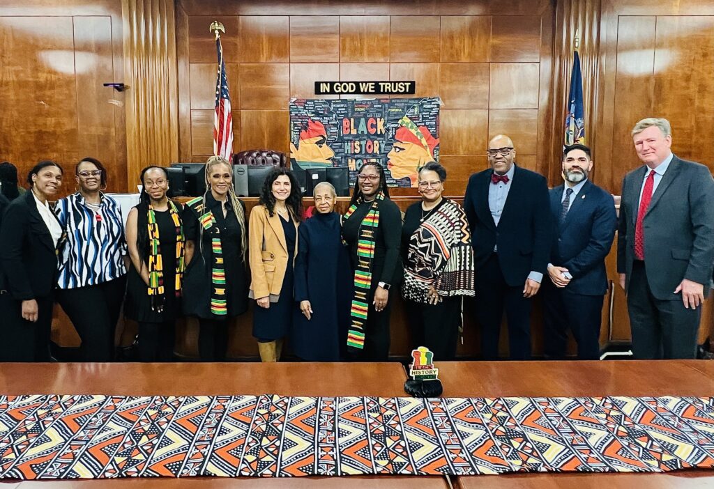 From left: Susie Williams; Arema Walker; Adela Guity Lalin; Antoinette Anderson; Hon. Rosemarie Montalbano; Jacqueline McMickens, Esq.; Amoni Brown; Lisa Mathis; Sidney Cherubin, Esq.; Hon. Javier Ortiz; and Hon. Bernard Graham. Photo: Wayne Daren Schneiderman/Brooklyn Eagle