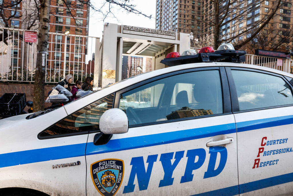 NYPD cars are seen outside the Slamic Cultural Center of New York, Saturday, Feb. 28, 2026. Photo: Kena Betancur/AP