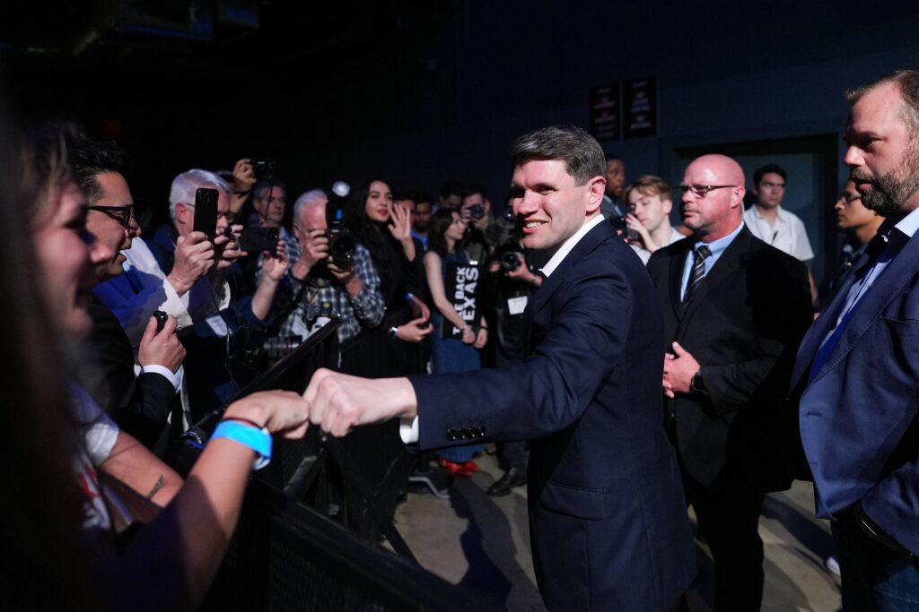 Texas state Rep. James Talarico, D-Austin, a Democratic candidate for the U.S. Senate, greets supporters at a primary election watch party Tuesday, March 3, 2026, in Austin, Texas. Photo: Eric Gay/AP