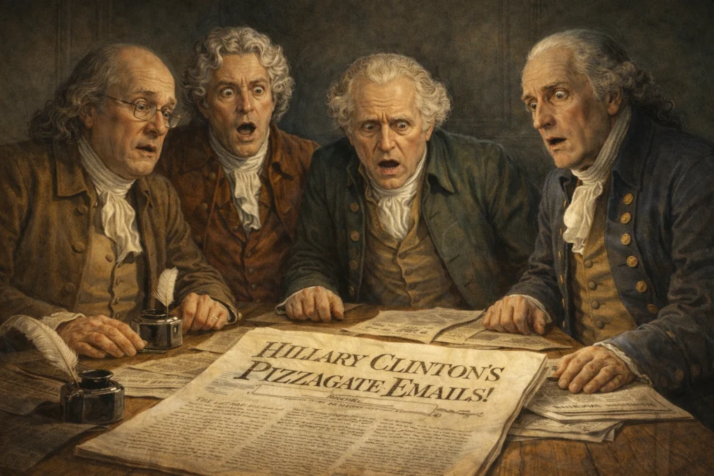 The founding fathers surprised by a headline about Pizzagate.