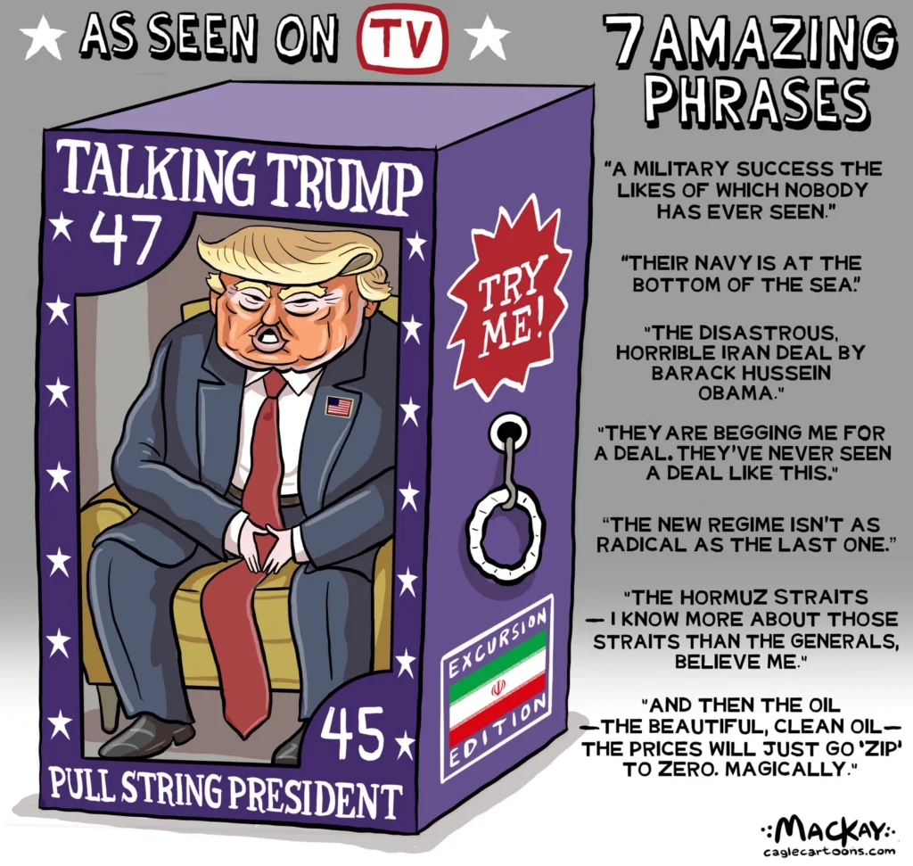 Trump Iran Rhetoric Pull-String President Doll by Graeme MacKay