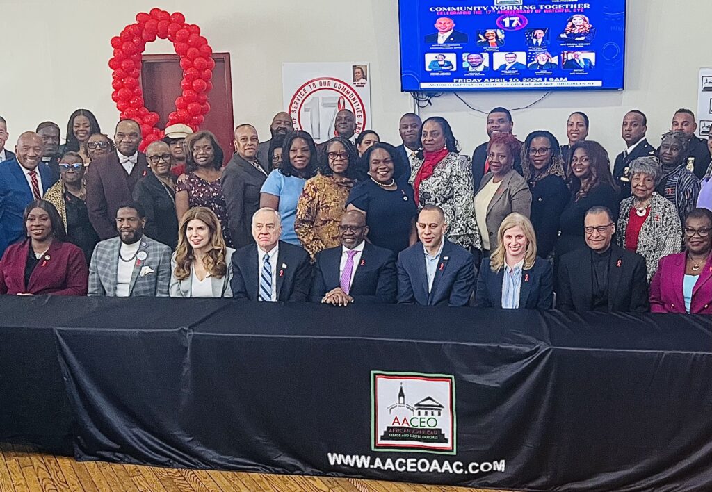 Members of the AACEO alongside community leaders, judges, guests and the event’s speakers. Photo: Wayne Daren Schneiderman/Brooklyn Eagle