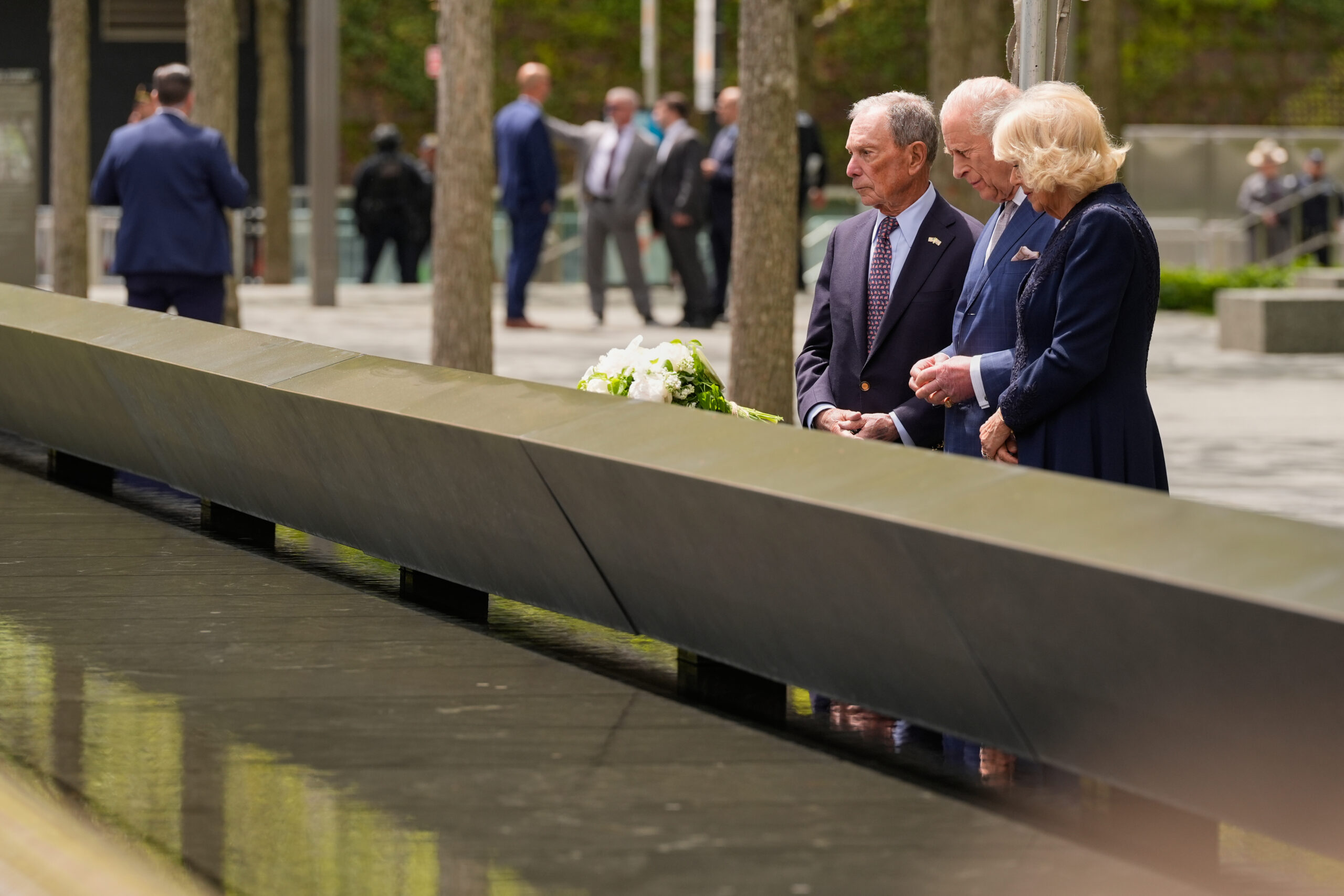 Former New York City mayor Michael Bloomberg, from left, Britain's King Charles III and Queen Camilla visit the 9/11 Memorial, Wednesday, April 29, 2026, in New York. Photo: Seth Wenig/AP