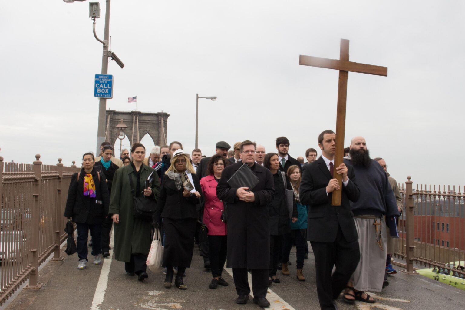 Crucifiers lead a past year’s Way of the Cross procession across the Brooklyn Bridge. Photo: Francesca N. Tate/Brooklyn Eagle