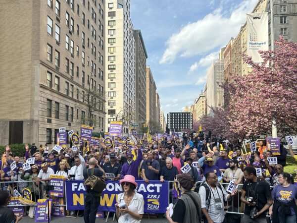 Roughly 10,000 members of 32BJ SEIU rallied Wednesday on Park Avenue and voted to authorize a strike. Photo: 32BK SEIU