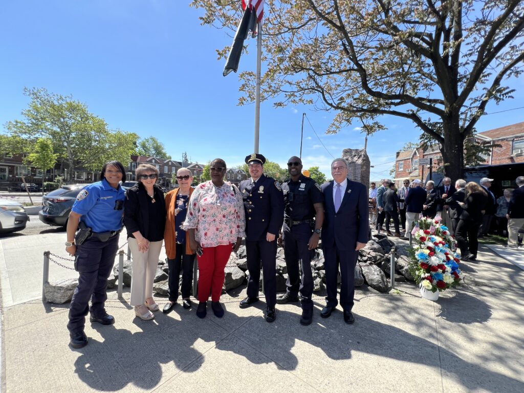From left: NYPD 63rd Precinct Detective Tricia Navarro-Caraballo, CB18 District Manager Sue Ann Partnow, FCA member Nancy Walby, Sen. Roxanne Persaud, NYPD Capt. James Tomasulo, NYPD 63rd Precinct Crime Prevention Officer Ainsley Carter and FCA President Tomas Hernandez Jr. Photo: Loretta Chin/Brooklyn Eagle