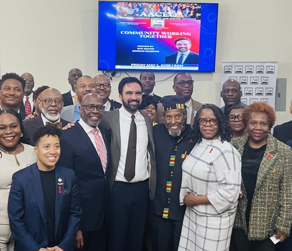 Mayor Zohran Mamdani, Councilmember Crystal Hudson, Rev. Dr. Robert Waterman, Hon. Robin Sheares, Hon. Cenceria Edwards and members of the African American Clergy and Elected Officials. Photo: Wayne Daren Schneiderman/Brooklyn Eagle