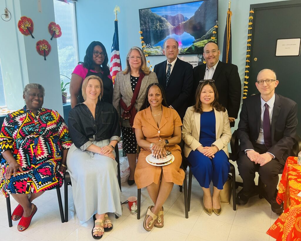 From left: Hon. Pamela Fynes, Hon. Carmen Pacheco, Hon. Patrick Hayes Torres, and Court Attorney Jacob Gross. Hon. Ellen Edwards, Hon. Alexis Riley, Hon. Monique Holamon, Hon. Evelyn Gong and Hon. Mark Kagan. Photo: Wayne Daren Schneiderman/Brooklyn Eagle