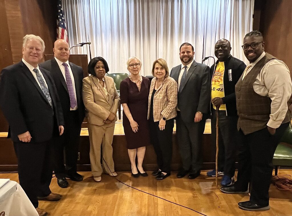 From left: Paul Marber, Esq., Joseph Monaco, Esq., Hon. Jacqueline Williams, Hon. Kerry Ward, Hon. Ellen Spodek, Gregory Lombardi, Esq., Len Stewart, Esq., and Henderson Brathwaite II, Esq. Photo: Wayne Daren Schneiderman/Brooklyn Eagle