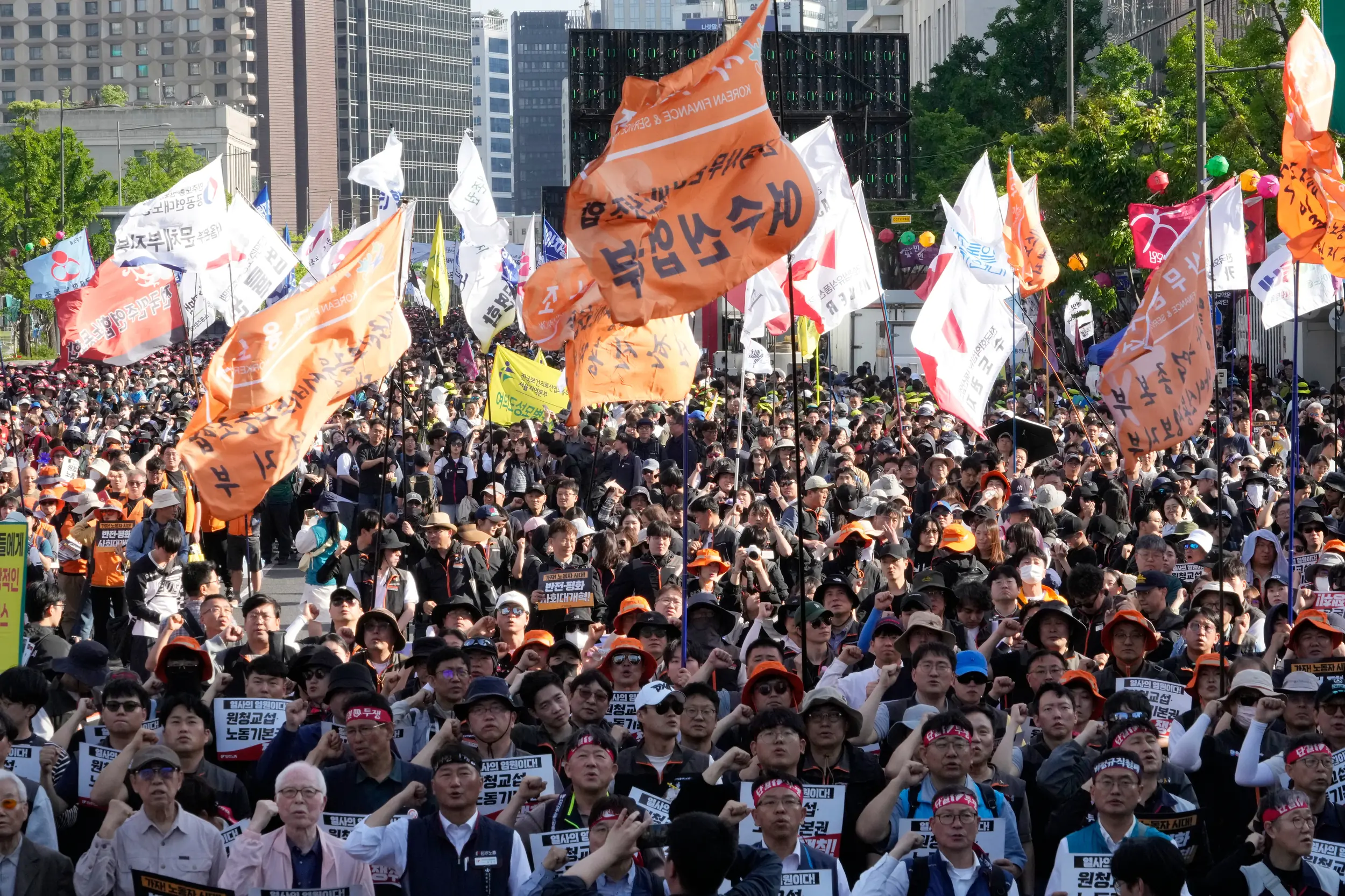 SEOUL — Waves of ralliers show up for the cause: Members of the Korean Confederation of Trade Unions stage a rally on May Day in South Korea, Friday, May 1, 2026. Photo: Ahn Young-joon/AP