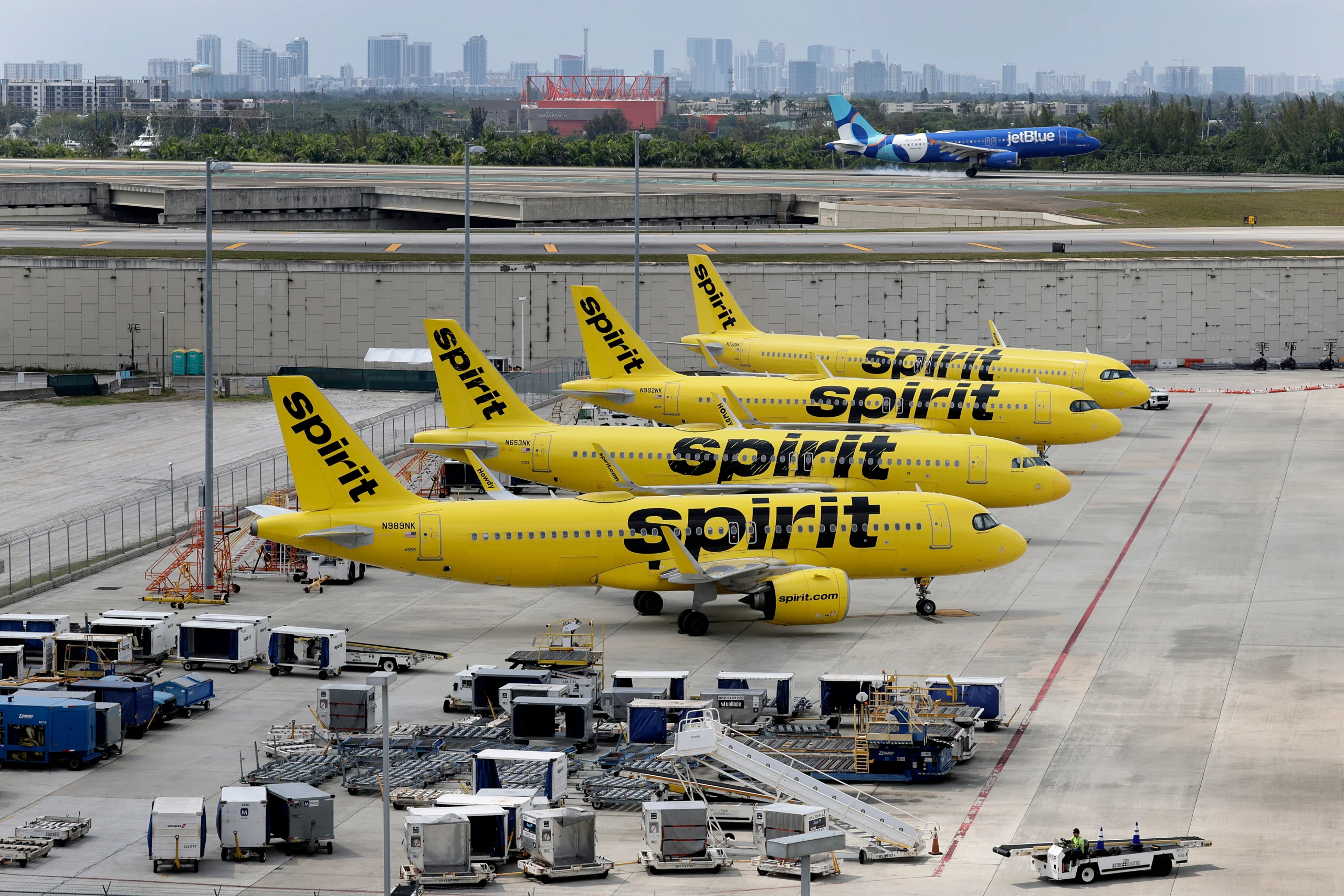 Spirit Airlines planes are grounded at Fort Lauderdale-Hollywood International Airport after flights were cancelled on Saturday, May 2, 2026. Photo: Mike Stocker/South Florida Sun-Sentinel via AP