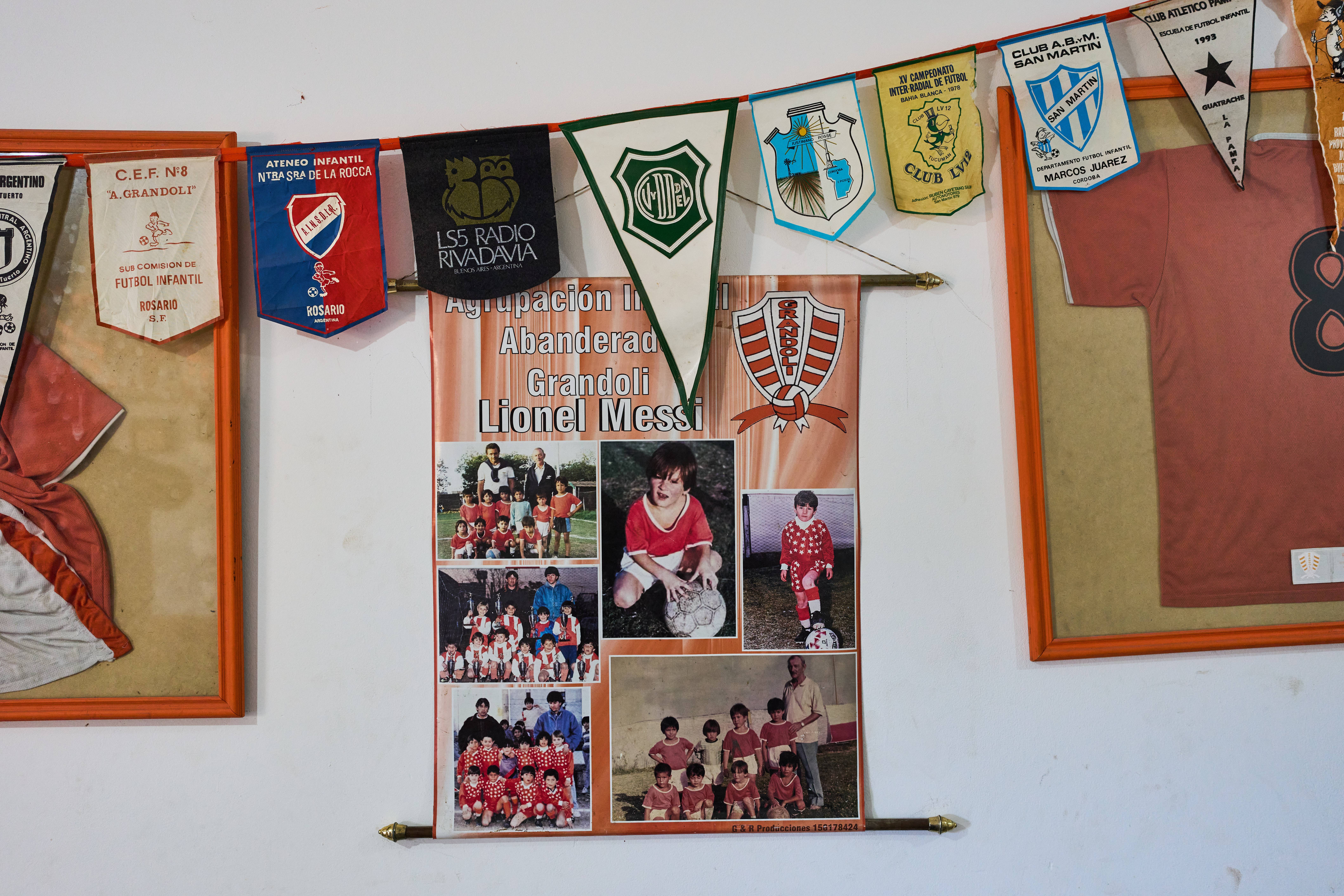 Photos of soccer player Lionel Messi are displayed in the dressing room of the Grandoli club, where he played as a child in Rosario, Argentina, Saturday, May 2, 2026. Photo: Rodrigo Abd/AP