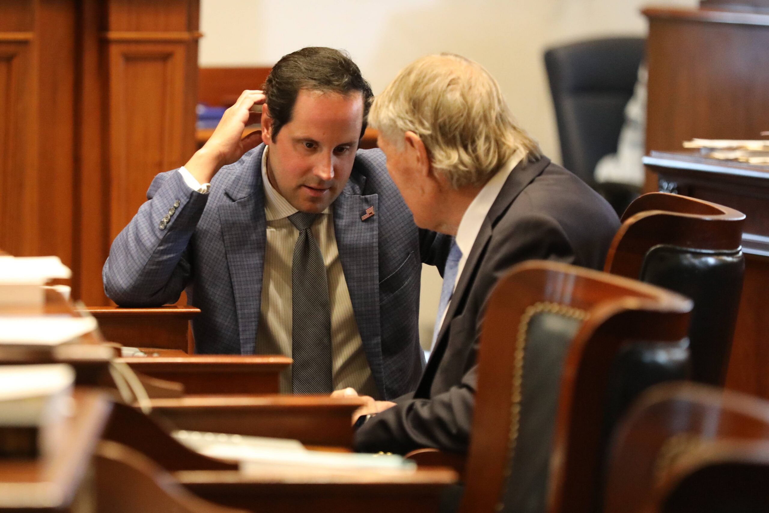 Republican South Carolina Sen. Josh Kimbrell, left, talks to Republican Sen. Harvey Peeler, right, before the Senate's session on Thursday, May 7, 2026, in Columbia, S.C. Photo: Jeffrey Collins/AP