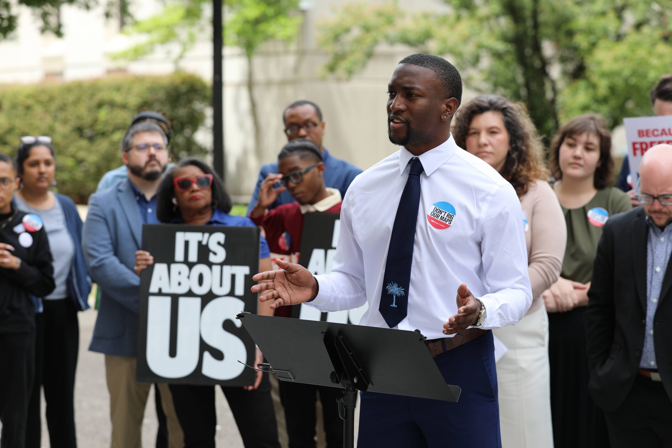 Democratic U.S. House candidate Zyon Khalifa speaks about redistricting at the South Carolina Statehouse on Friday, May 8, 2026, in Columbia, S.C. Photo: Jeffrey Collins/AP