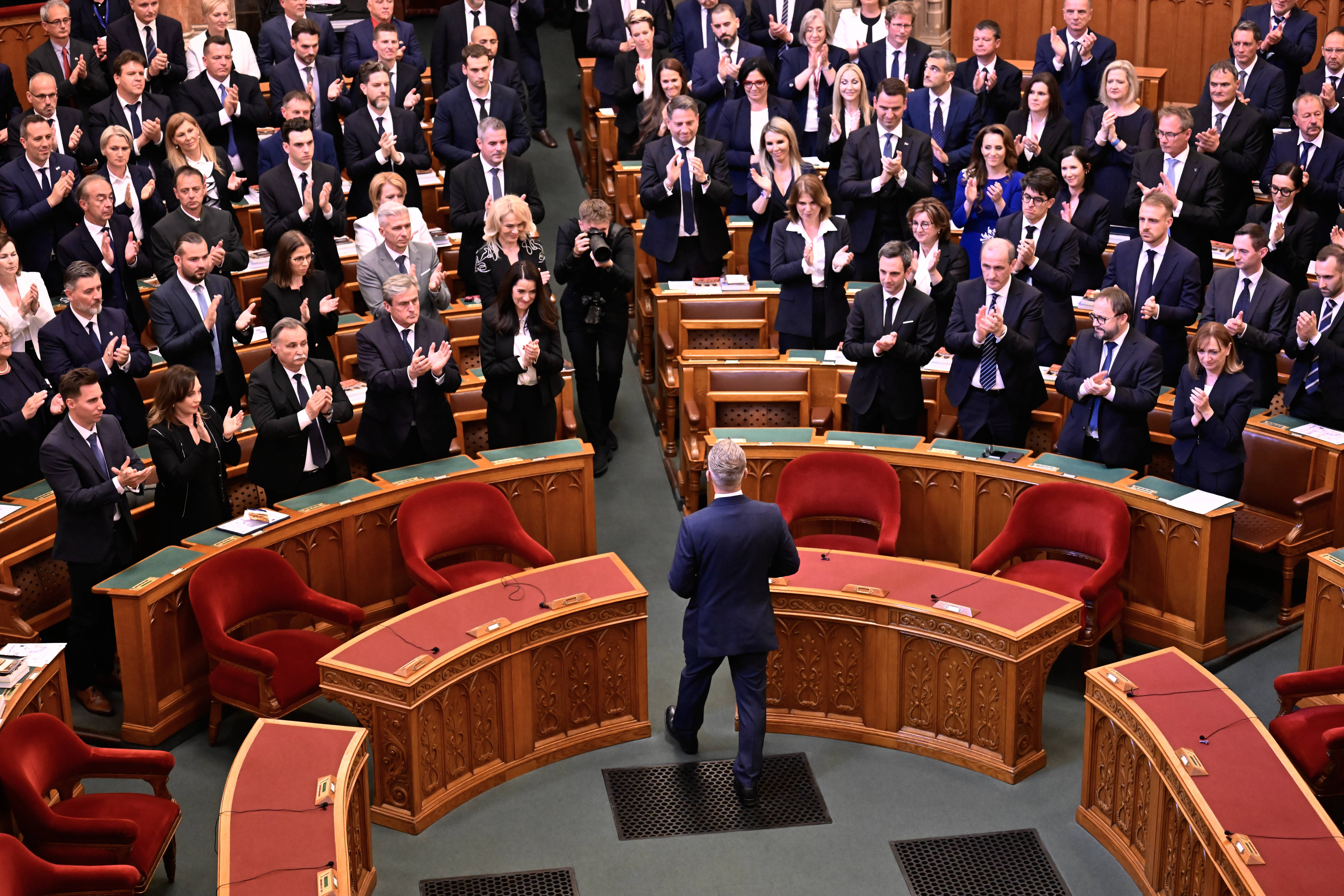 Hungary's new Prime Minister Peter Magyar receives ovation after the inaugural session in Budapest, Hungary, Saturday, May 9, 2026. Photo: Denes Erdos/AP