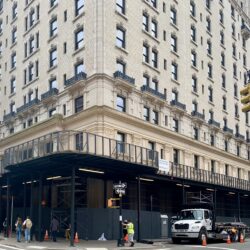 Scaffolding surrounds the former Hotel Bossert at 98 Montague St. as SomeraRoad develops it into luxury co-ops. Danny Meyer’s Union Square Hospitality Group has announced it will open a full-service restaurant on the ground floor. Photo: Mary Frost/Brooklyn Eagle