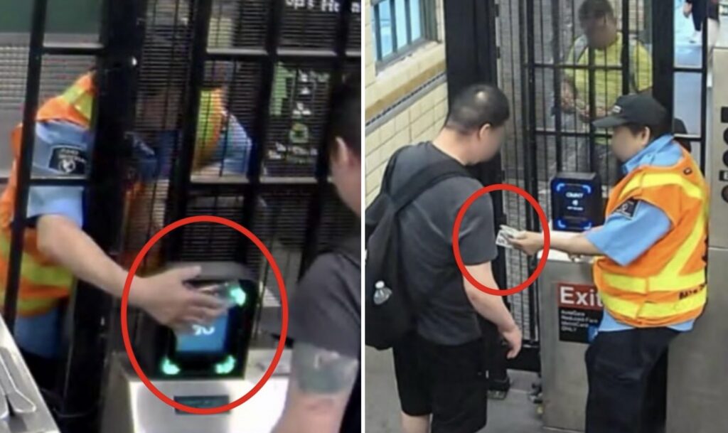 Surveillance photos show the subway guard using a student OMNY card to swipe in a rider, then accept cash. Photo: MTA OIG