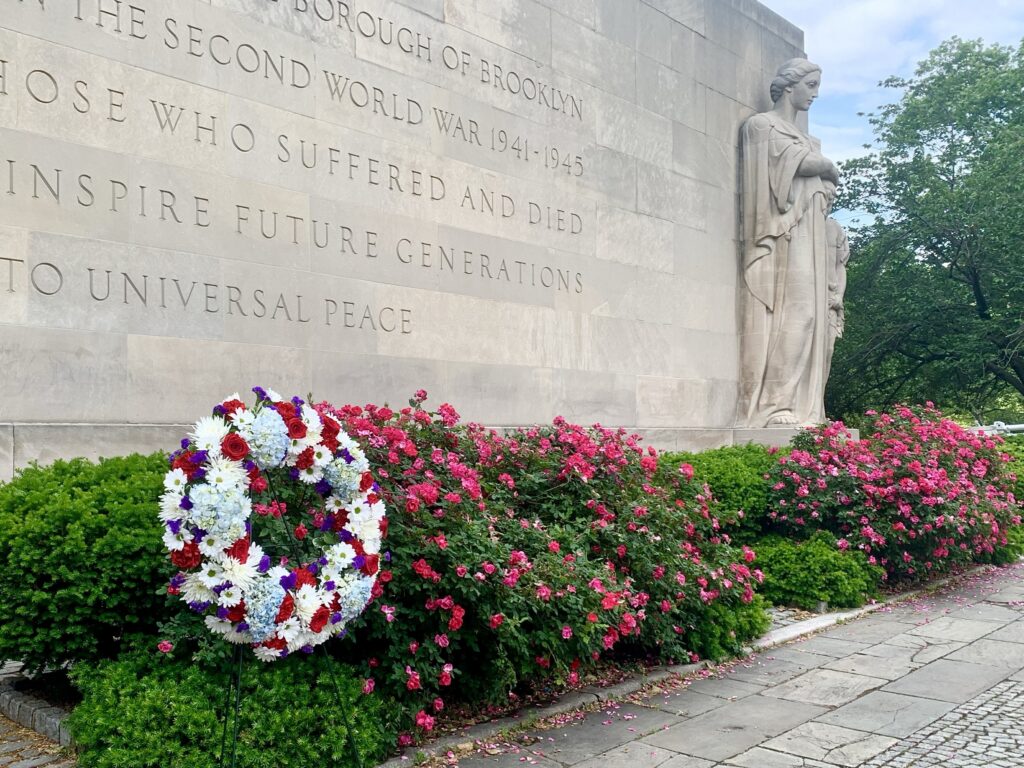 This Memorial Day wreath, placed in front of the Brooklyn War Memorial by the Cadman Park Conservancy, is an annual tribute to the brave man and women who made the ultimate sacrifice in their service to our country. Photo: Mary Frost/Brooklyn Eagle