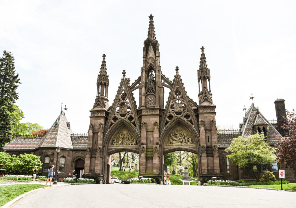 Founded in 1838 as a rural cemetery, Green-Wood remains an active cemetery as well as an outdoor history museum, home to the resting places of famous people from composer and conductor Leonard Bernstein to Louis Comfort Tiffany, who designed many of the stained glass windows in Brooklyn’s churches. Photo: New York Landmarks Conservancy