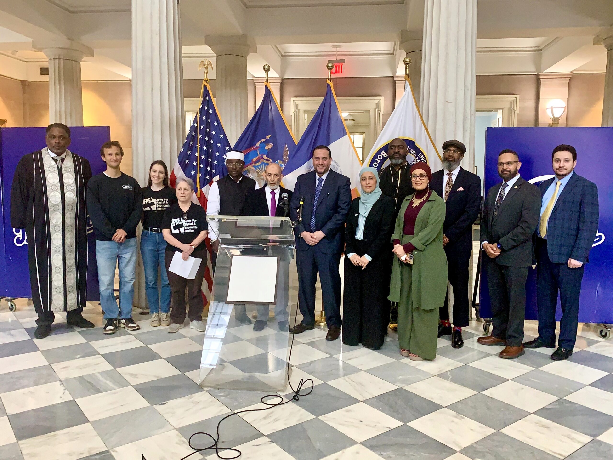An interfaith group of religious leaders and officials gathered Thursday at Brooklyn Borough Hall to denounce Councilmember Inna Vernikov for what they called a blatantly anti-Muslim remark. Photo: Mary Frost/Brooklyn Eagle
