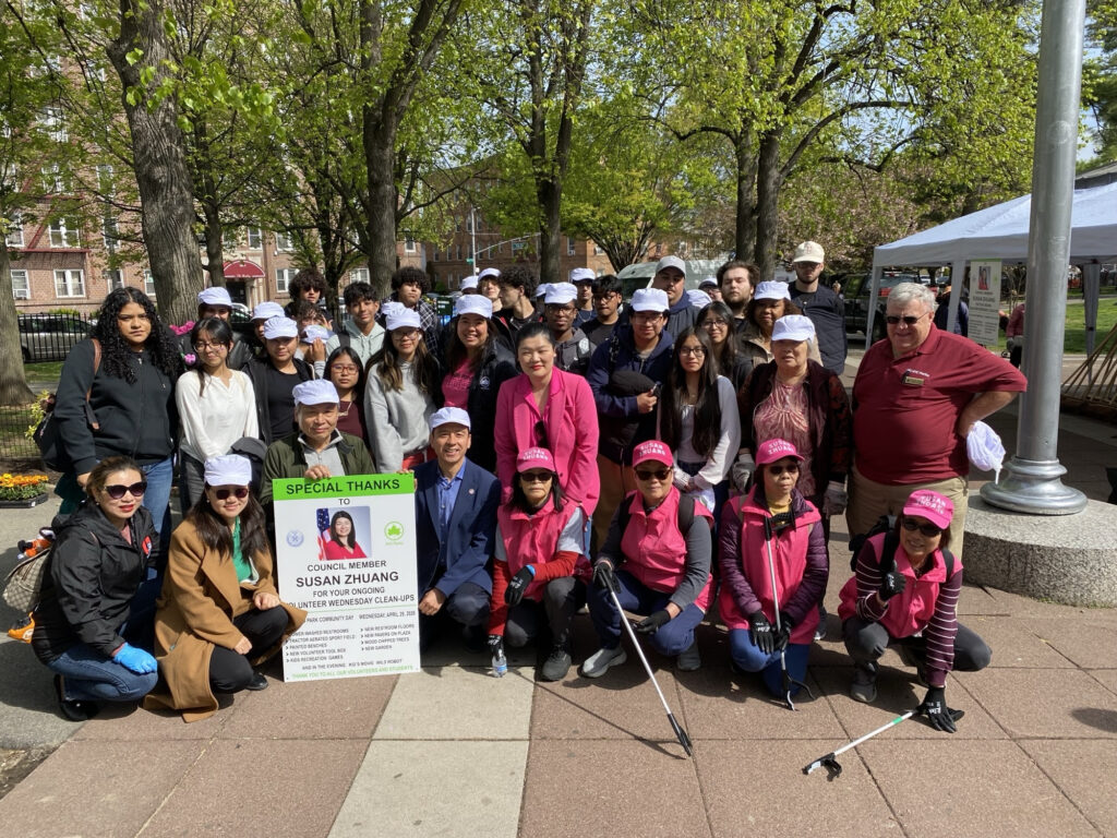NYC Parks Commissioner Tricia Shimamura, Brooklyn Commissioner Martin Maher and leaders visit Seth Low Park to clean up and discuss improvements. Photo: Councilmember Susan Zhuang