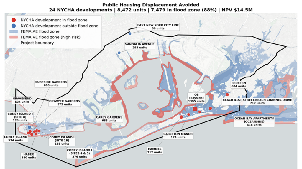 Map showing that 88% of public housing units in the Rockaways are at risk of inundation without flood countermeasures. Photo: NYU Tandon