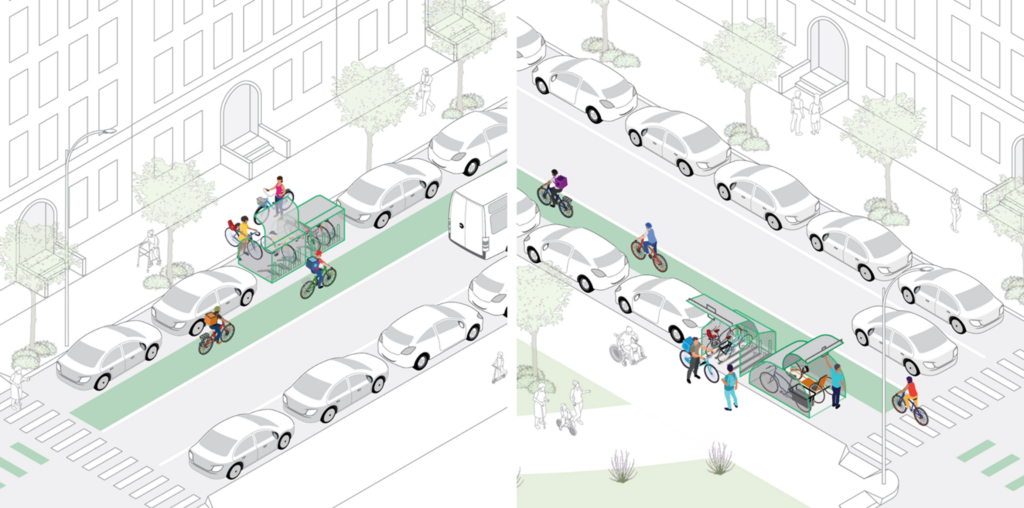 Bike storage structures may be installed in the curb lane on residential blocks. Image: NYC DOT
