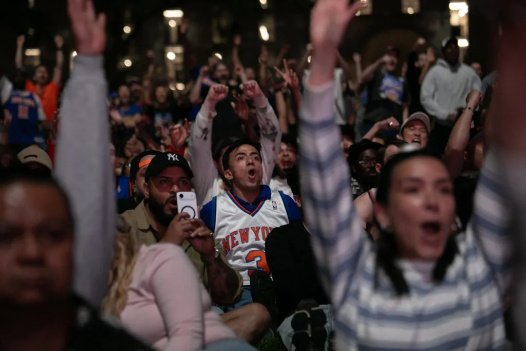 Thousands of Knicks fans packed into Bryant Park for a NBA finals Game 3 watch party, June 8, 2026. Credit: Ben Fractenberg/The City Reporter