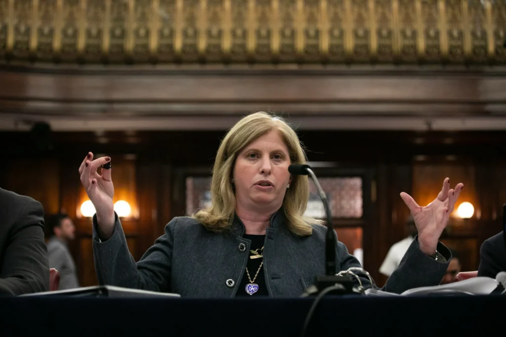 NYPD Commissioer Jessica Tisch answers questions at a City Council budget hearing, June 1, 2026. Credit: Ben Fractenberg/THE CITY