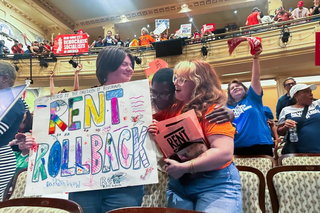 Tenant-rights advocates celebrate at the El Museo del Barrio after the Rent Guidelines Board voted to freeze rent for two-year leases on rent-stabilized apartments, June 2, 2026. Credit: Kaitlyn Schwanemann/The City Reporter