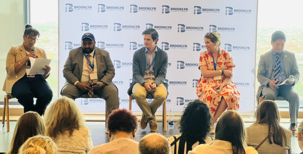 From left: Moderator Mikelle Adgate; Ahmed Tigani, commissioner of the NYC Department of Buildings; Scott Kessler, renewables program director at the Port Authority of New York and New Jersey; Katie C. Schmid, deputy executive director of the NYC Mayor’s Office of Climate and Environmental Justice; and Brian Chang, chief decarbonization officer and acting deputy commissioner for energy management at the New York City Department of Citywide Administrative Services. Photo: Wayne Daren Schneiderman/Brooklyn Eagle