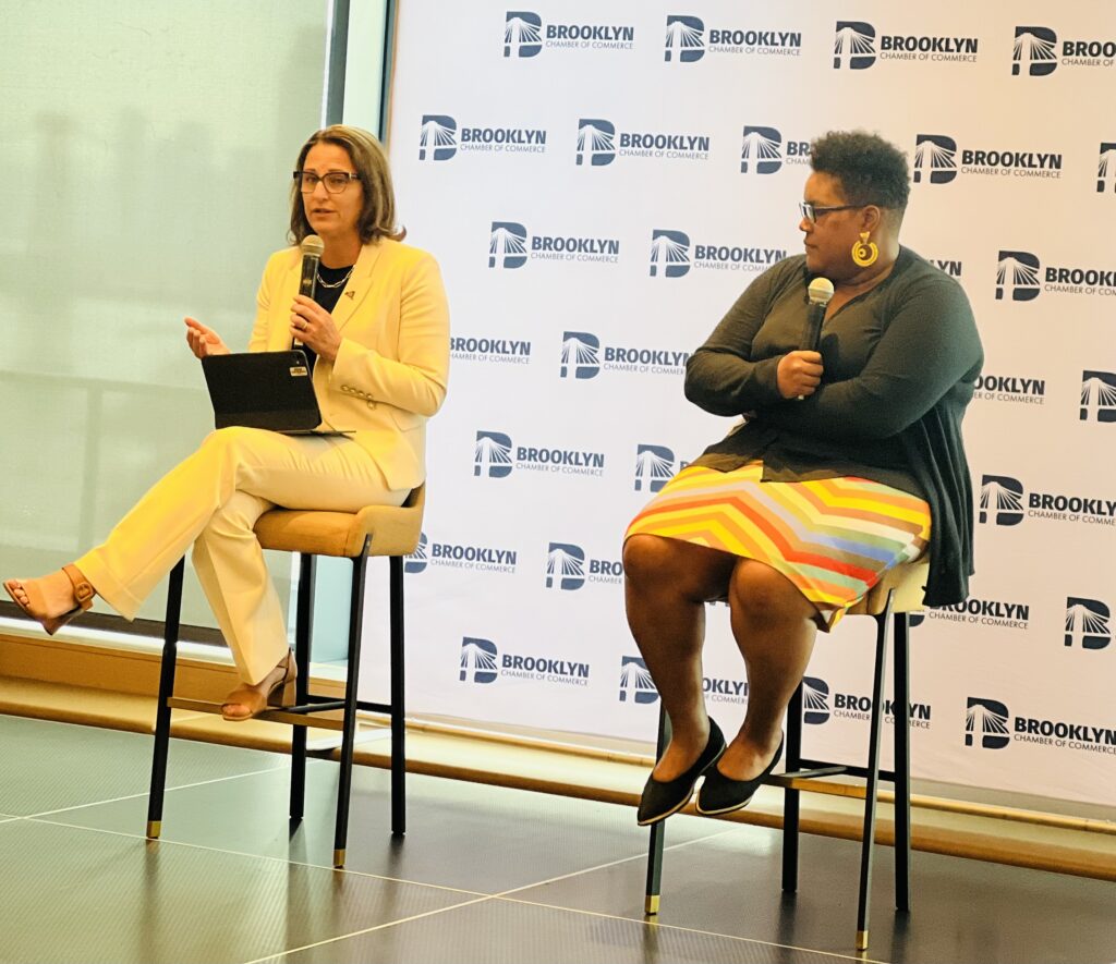 Doreen Harris, president and CEO of the New York State Energy Research and Development Authority, alongside moderator Lindsay Greene, president and CEO of the Brooklyn Navy Yard. Photo: Wayne Daren Schneiderman/Brooklyn Eagle